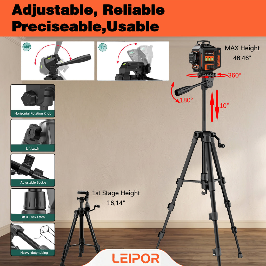 LEIPOR 3D 12-Line Green Laser Level with 46.46 in Tripod, Self-Leveling Laser Tool Kit