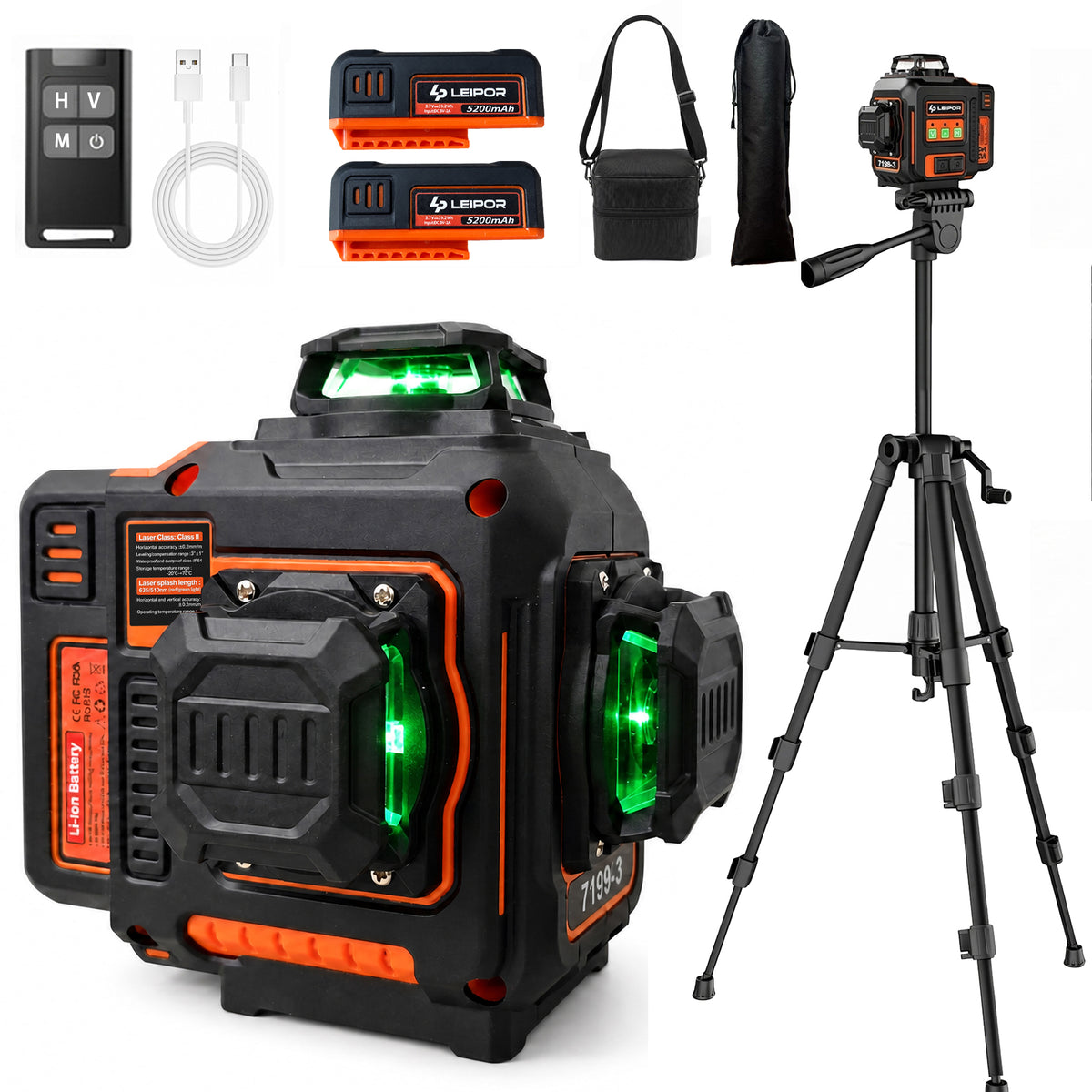 LEIPOR 3D 12-Line Green Laser Level with 46.46 in Tripod, Self-Leveling Laser Tool Kit